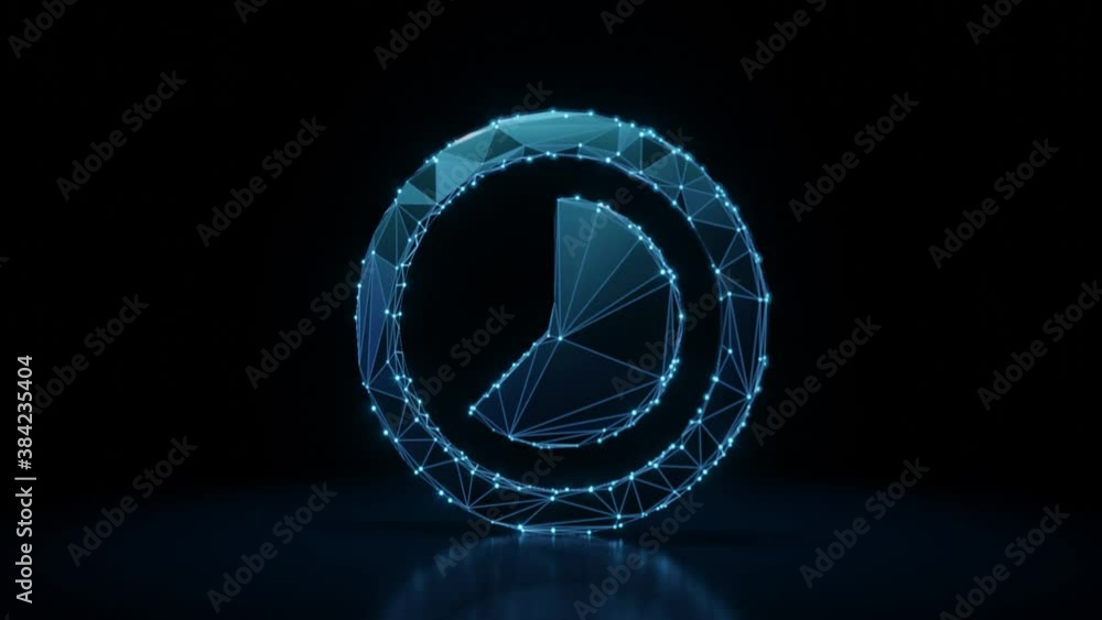 Poster 3d rendering 4k fly through wireframe neon glowing symbol of camera lens with bright dots on dark ba