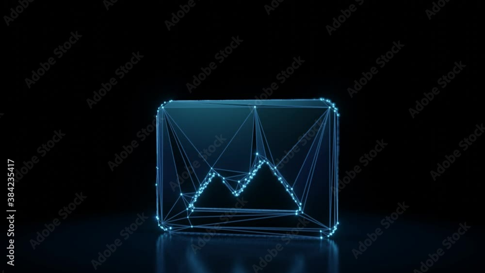 Poster 3d rendering 4k fly through wireframe neon glowing symbol of mountain in rounded rectangle with brig