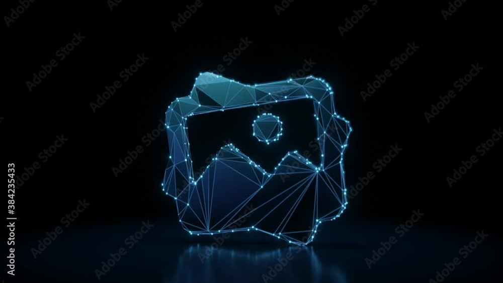 Poster 3d rendering 4k fly through wireframe neon glowing symbol of picture of mountain and sun with bright