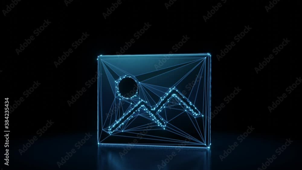 Poster 3d rendering 4k fly through wireframe neon glowing symbol of picture of mountain and sun with bright