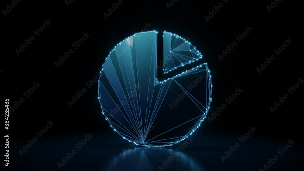 Poster 3d rendering 4k fly through wireframe neon glowing symbol of pie chart with bright dots on dark back