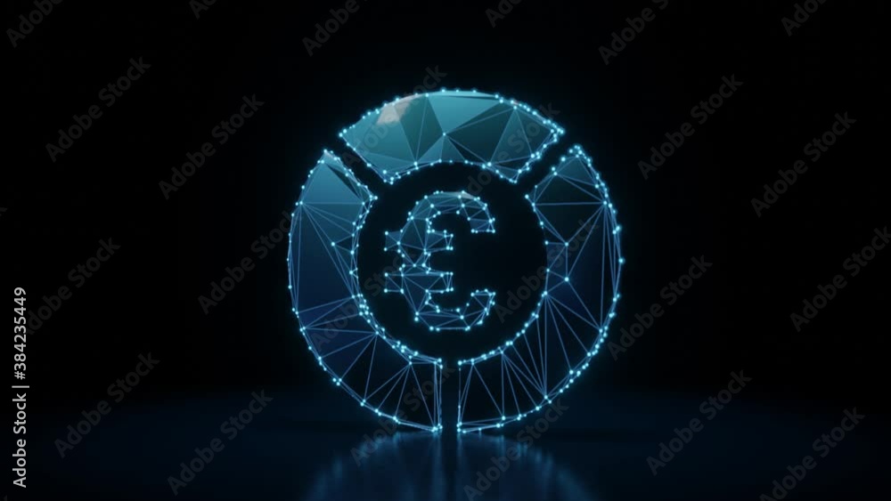 Poster 3d rendering 4k fly through wireframe neon glowing symbol of pie chart with euro symbol with bright 
