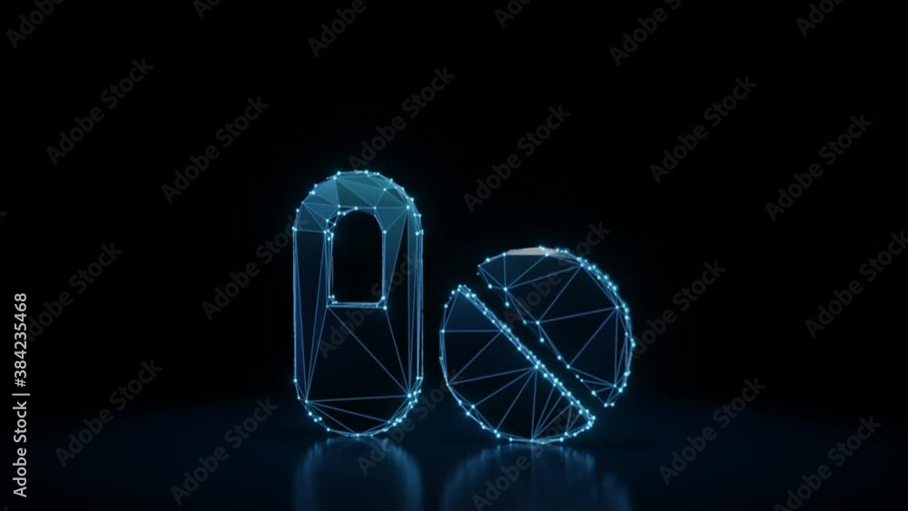 Poster 3d rendering 4k fly through wireframe neon glowing symbol of medical tablet and capsule with bright 