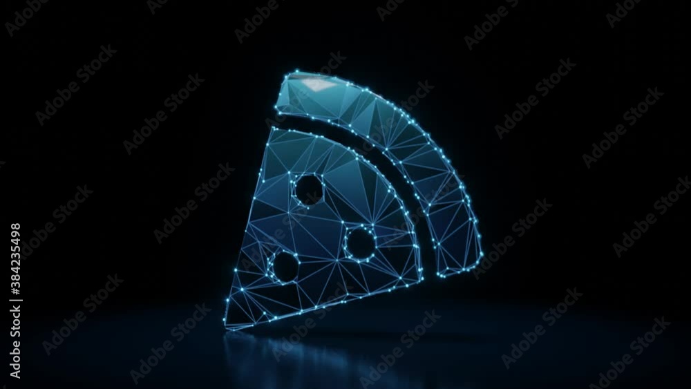 Poster 3d rendering 4k fly through wireframe neon glowing symbol of pizza slice with bright dots on dark ba