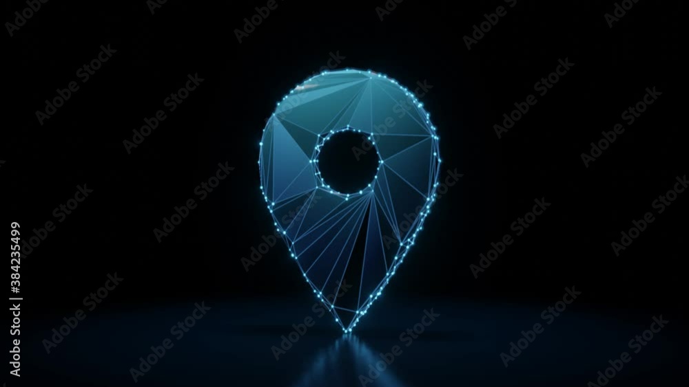 Aufkleber 3d rendering 4k fly through wireframe neon glowing symbol of placeholder with bright dots on dark ba