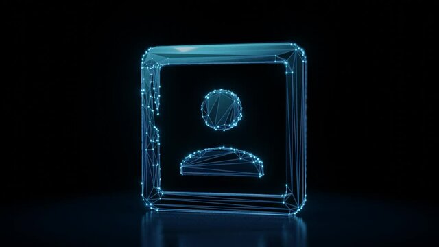 3d rendering 4k fly through wireframe neon glowing symbol of person in square with bright dots on dark background with blured reflection on floor