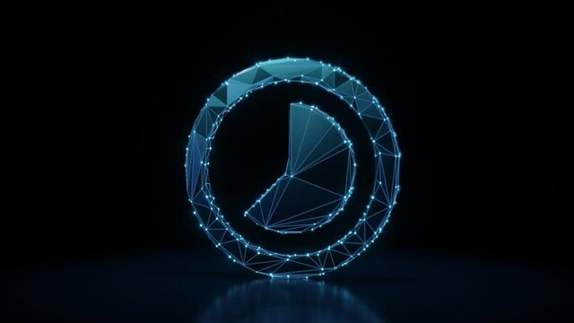 3d rendering 4k fly through wireframe neon glowing symbol of camera lens with bright dots on dark background with blured reflection on floor