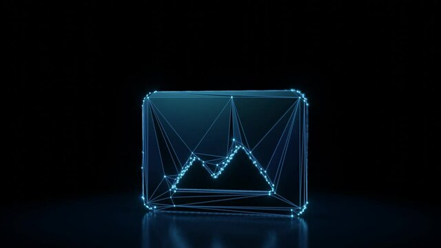 3d rendering 4k fly through wireframe neon glowing symbol of mountain in rounded rectangle with bright dots on dark background with blured reflection on floor