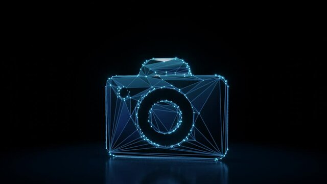 3d rendering 4k fly through wireframe neon glowing symbol of photo camera with bright dots on dark background with blured reflection on floor