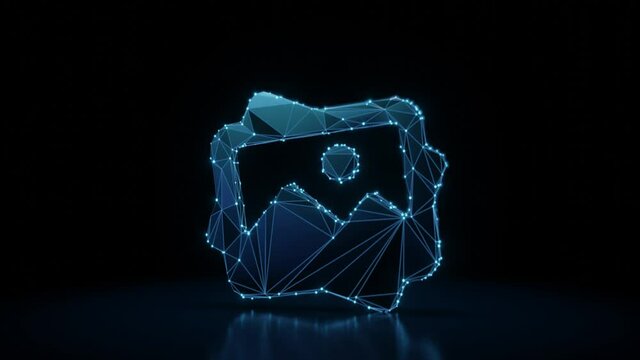 3d rendering 4k fly through wireframe neon glowing symbol of picture of mountain and sun with bright dots on dark background with blured reflection on floor