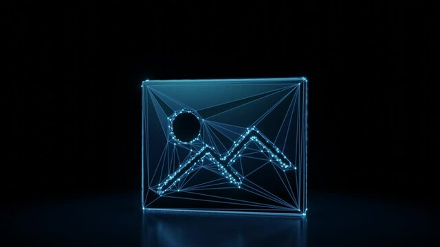 3d rendering 4k fly through wireframe neon glowing symbol of picture of mountain and sun with bright dots on dark background with blured reflection on floor