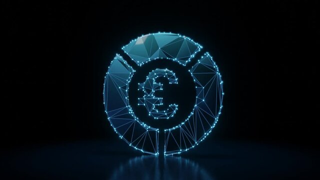 3d rendering 4k fly through wireframe neon glowing symbol of pie chart with euro symbol with bright dots on dark background with blured reflection on floor