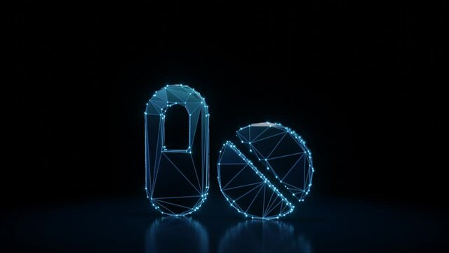 3d rendering 4k fly through wireframe neon glowing symbol of medical tablet and capsule with bright dots on dark background with blured reflection on floor