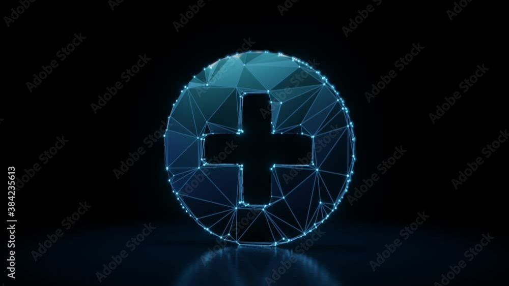 Poster 3d rendering 4k fly through wireframe neon glowing symbol of bold plus in circle with bright dots on