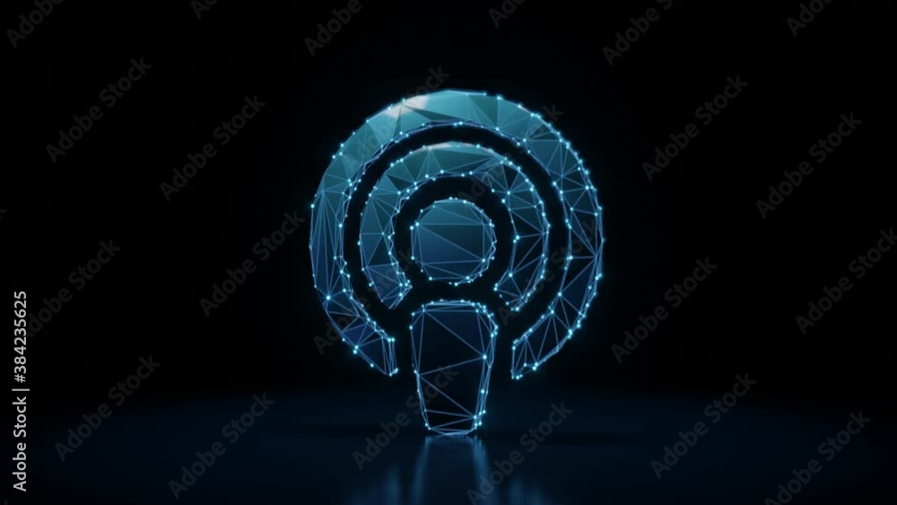 Poster 3d rendering 4k fly through wireframe neon glowing symbol of podcast with bright dots on dark backgr