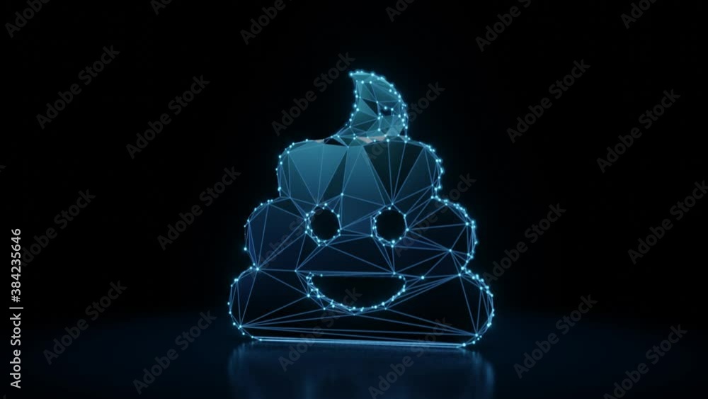 Aufkleber 3d rendering 4k fly through wireframe neon glowing symbol of poo emoticon with bright dots on dark b