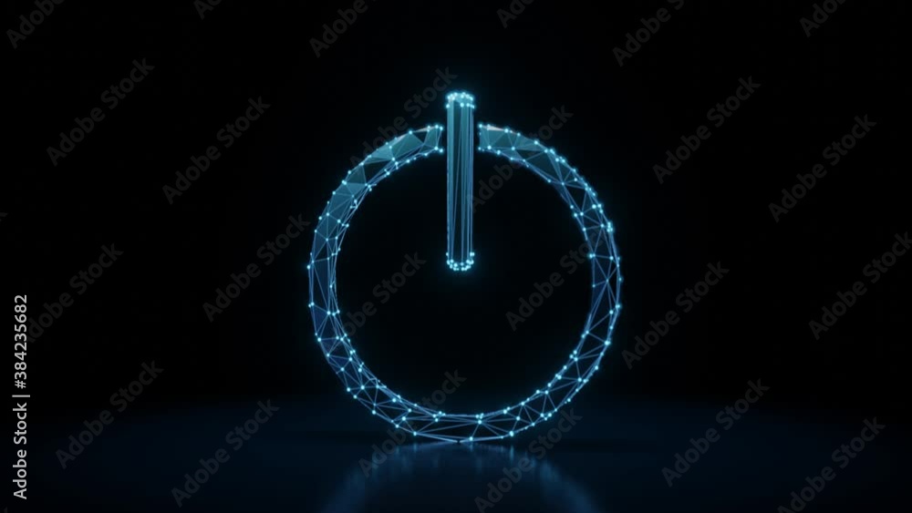 Poster 3d rendering 4k fly through wireframe neon glowing symbol of power button sign with bright dots on d