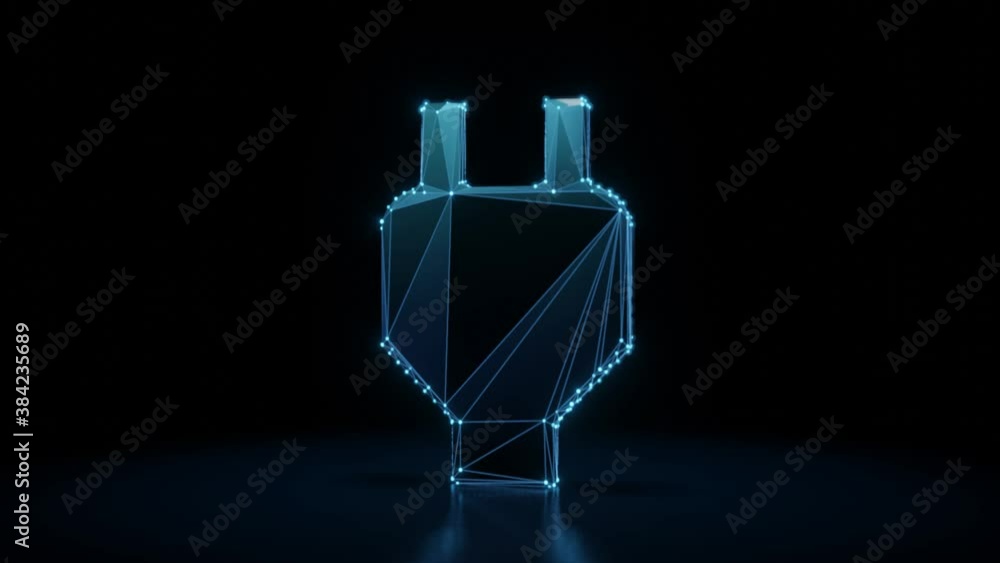 Poster 3d rendering 4k fly through wireframe neon glowing symbol of electric plug with bright dots on dark 