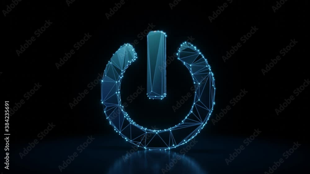 Poster 3d rendering 4k fly through wireframe neon glowing symbol of power button sign with bright dots on d