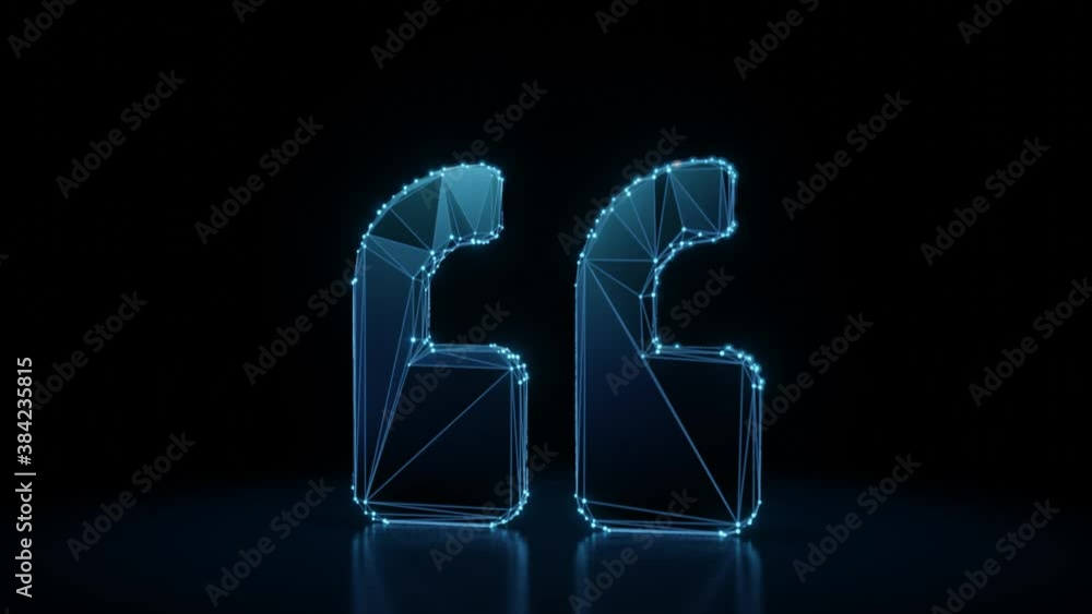 Poster 3d rendering 4k fly through wireframe neon glowing symbol of quote left mark with bright dots on dar