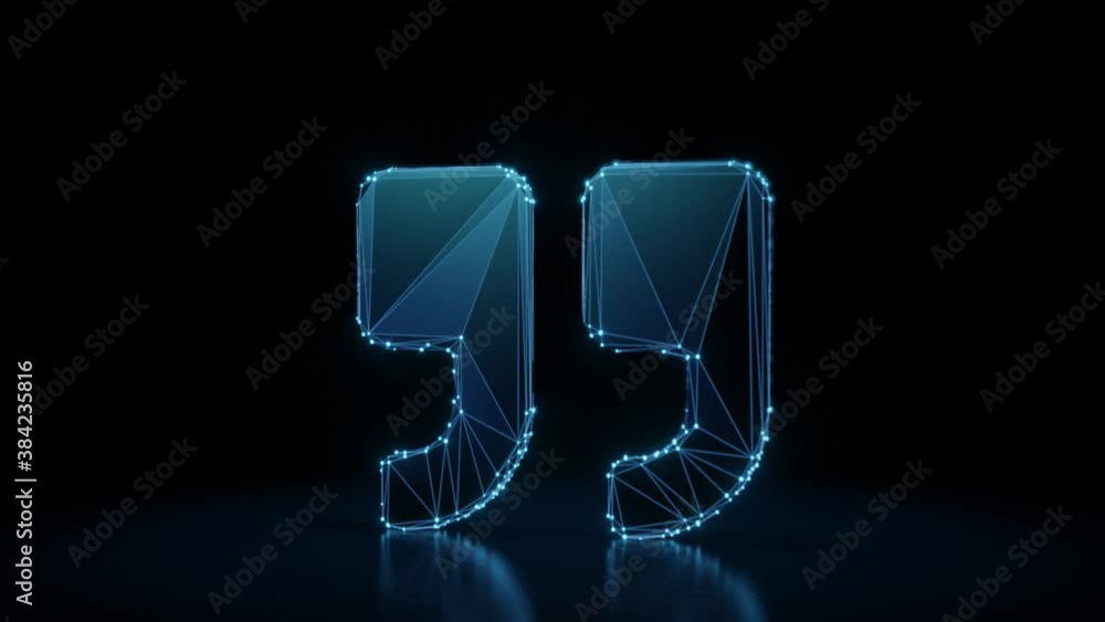 Poster 3d rendering 4k fly through wireframe neon glowing symbol of quote right mark with bright dots on da