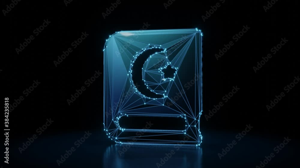 Poster 3d rendering 4k fly through wireframe neon glowing symbol of book with moon and star on top with bri