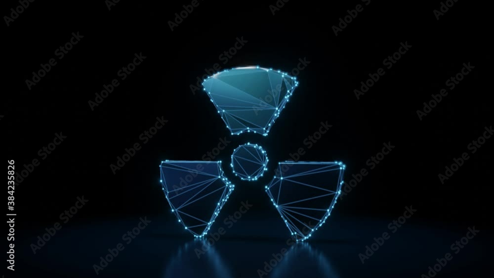 Poster 3d rendering 4k fly through wireframe neon glowing symbol of radiation sign with bright dots on dark
