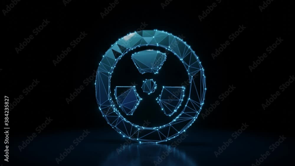 Poster 3d rendering 4k fly through wireframe neon glowing symbol of radiation sign in circle with bright do