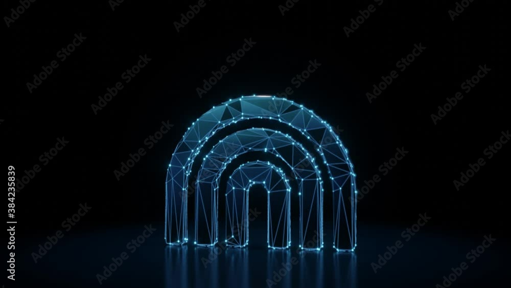 Poster 3d rendering 4k fly through wireframe neon glowing symbol of rainbow arch with bright dots on dark b