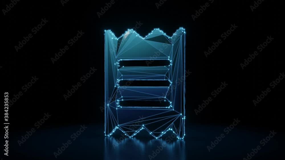 Poster 3d rendering 4k fly through wireframe neon glowing symbol of paper bill piece with bright dots on da