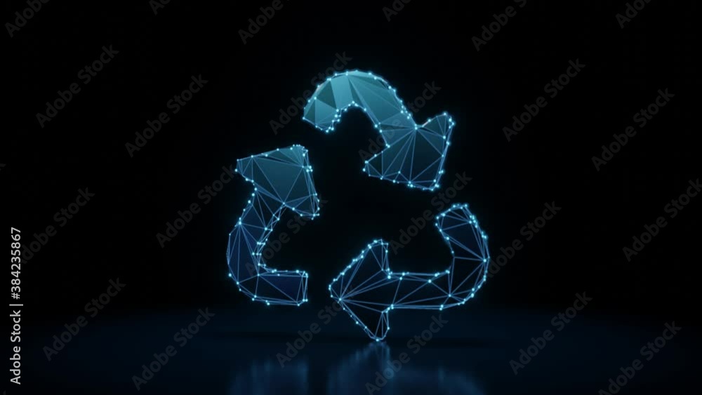 Poster 3d rendering 4k fly through wireframe neon glowing symbol of recycle triangle arrows sign with brigh