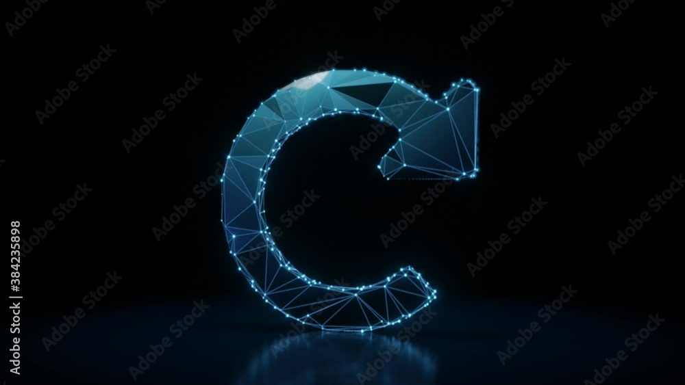 Poster 3d rendering 4k fly through wireframe neon glowing symbol of redo circle arrow with bright dots on d