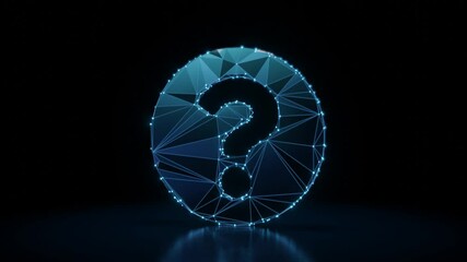 3d rendering 4k fly through wireframe neon glowing symbol of question mark in circle with bright dots on dark background with blured reflection on floor - Powered by Adobe