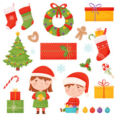 Christmas set of characters and elements in cartoon style. Christmas tree, gifts, sweets, snowflakes, children, Christmas wreath, etc.