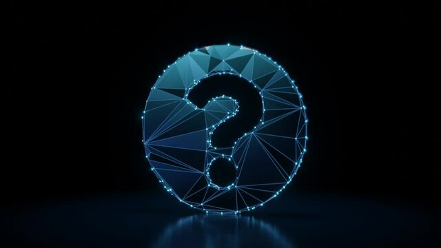 3d rendering 4k fly through wireframe neon glowing symbol of question mark in circle with bright dots on dark background with blured reflection on floor