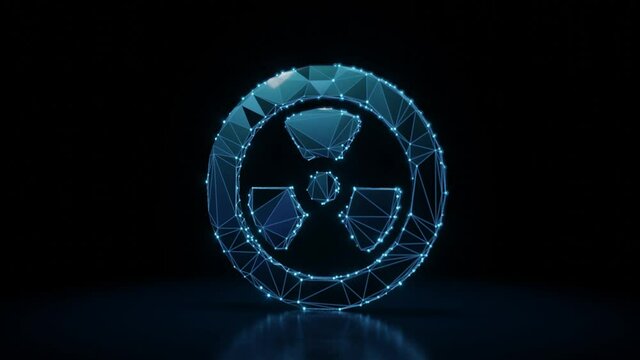 3d rendering 4k fly through wireframe neon glowing symbol of radiation sign in circle with bright dots on dark background with blured reflection on floor