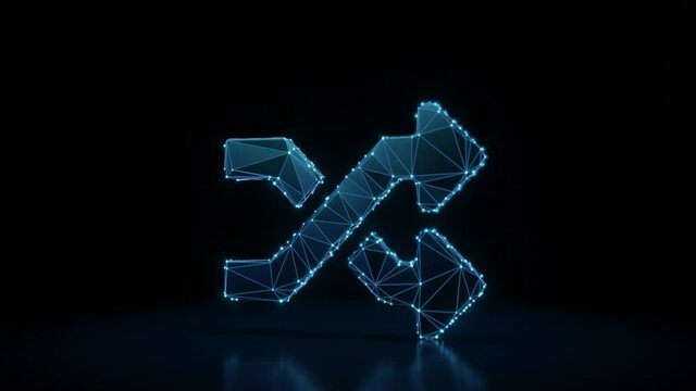 3d rendering 4k fly through wireframe neon glowing symbol of random arrows with bright dots on dark background with blured reflection on floor