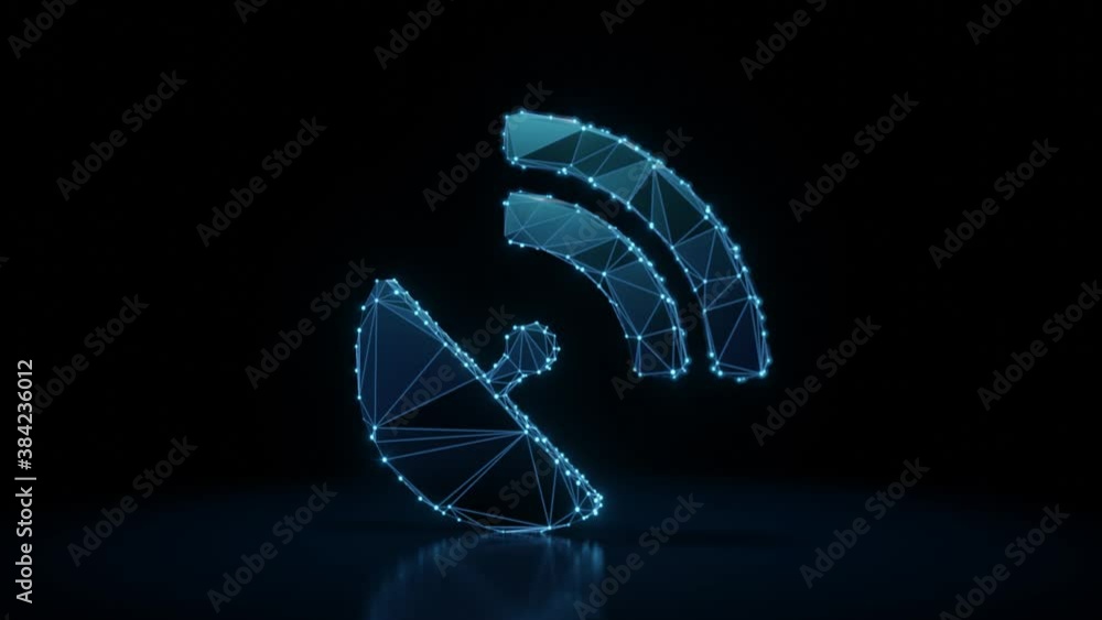 Poster 3d rendering 4k fly through wireframe neon glowing symbol of satellite with signal wires with bright