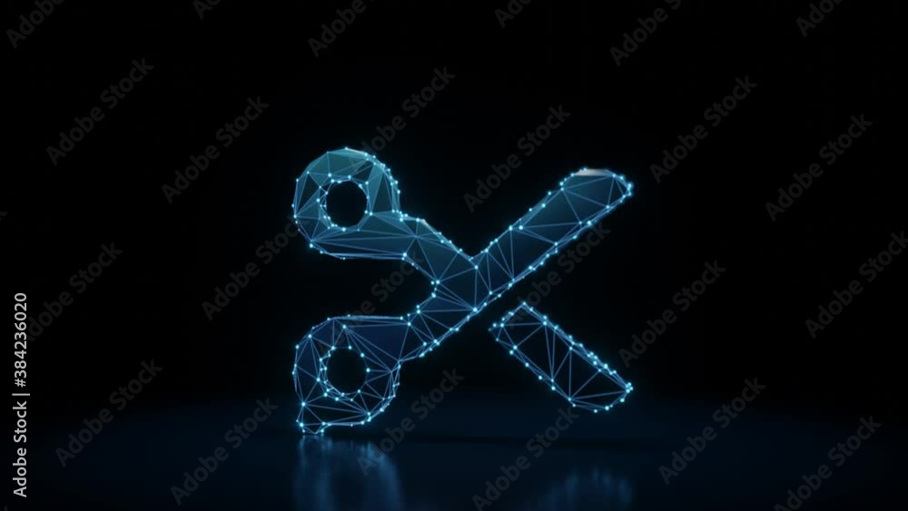 Poster 3d rendering 4k fly through wireframe neon glowing symbol of scissors with bright dots on dark backg