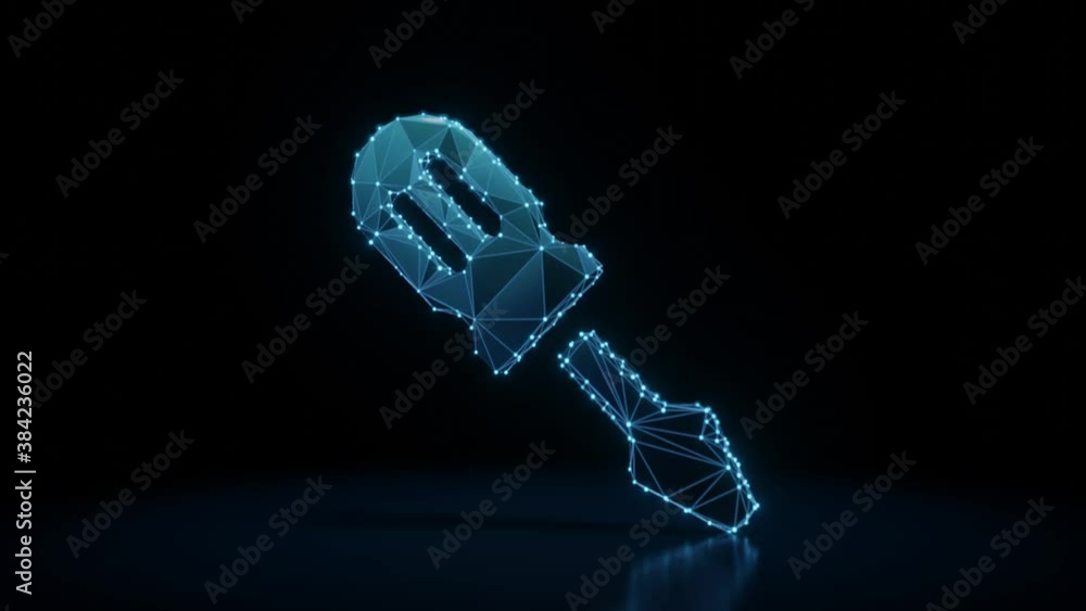 Poster 3d rendering 4k fly through wireframe neon glowing symbol of screwdriver with bright dots on dark ba