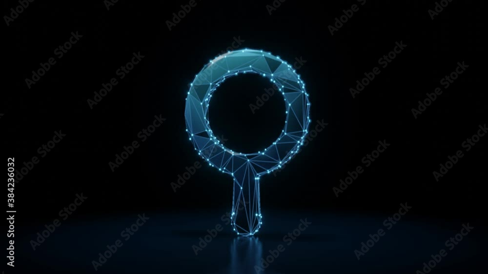 Poster 3d rendering 4k fly through wireframe neon glowing symbol of magnifying glass with bright dots on da