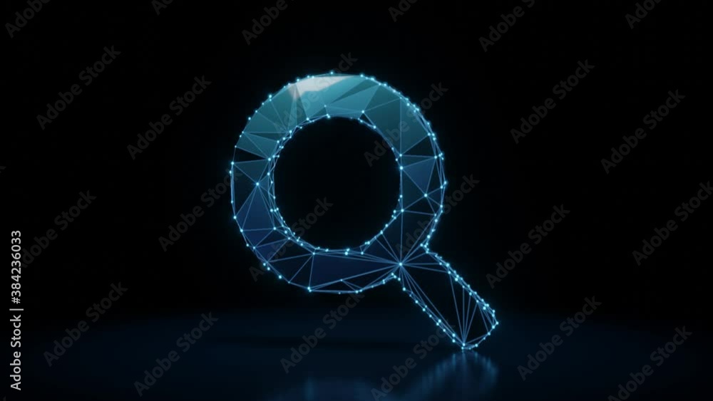 Poster 3d rendering 4k fly through wireframe neon glowing symbol of magnifying glass with bright dots on da