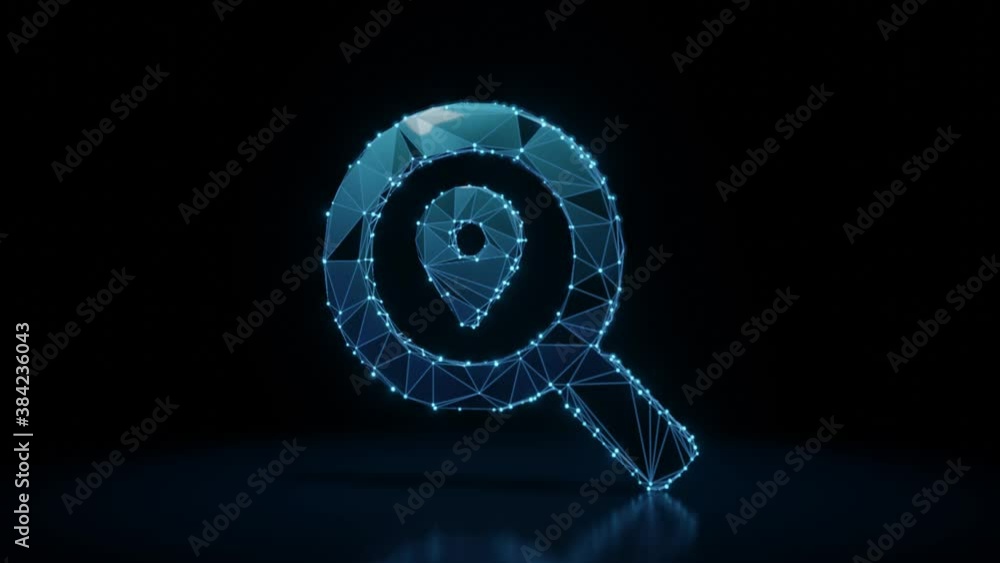 Poster 3d rendering 4k fly through wireframe neon glowing symbol of magnifying glass with placeholder with 