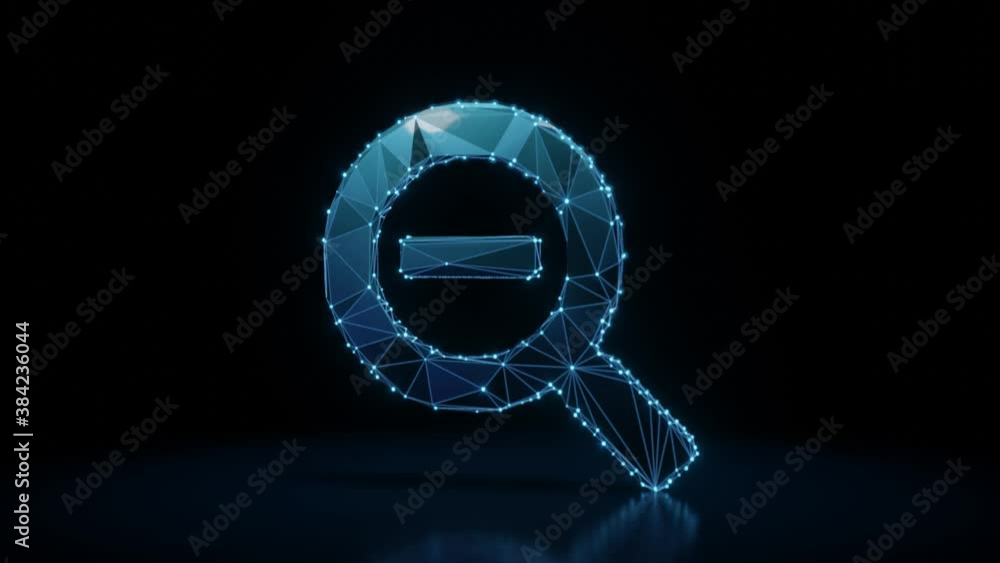 Poster 3d rendering 4k fly through wireframe neon glowing symbol of magnifying glass with minus with bright