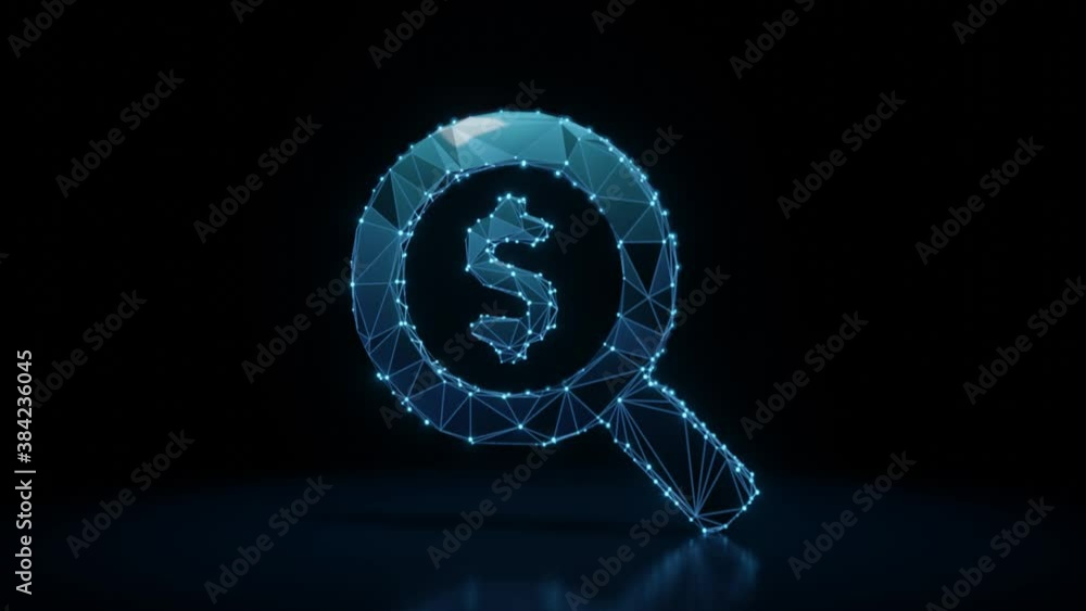 Poster 3d rendering 4k fly through wireframe neon glowing symbol of magnifying glass with dollar with brigh