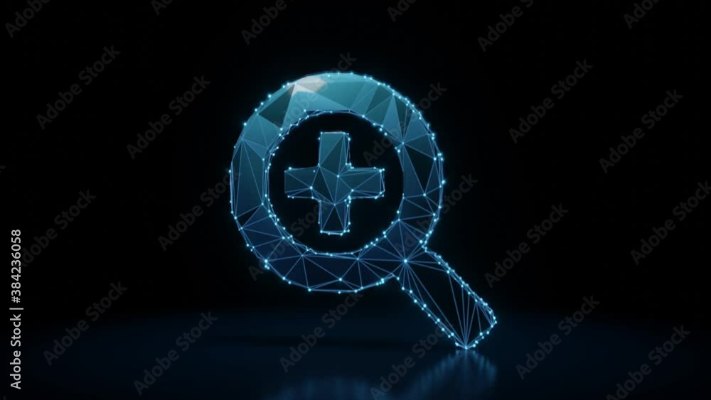 Poster 3d rendering 4k fly through wireframe neon glowing symbol of magnifying glass with plus with bright 