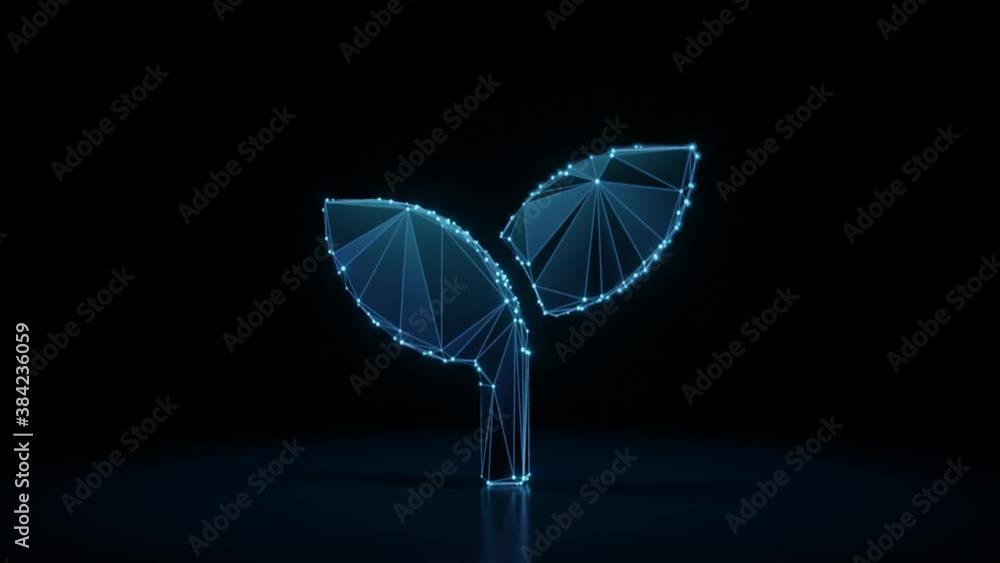 Poster 3d rendering 4k fly through wireframe neon glowing symbol of two leaves with bright dots on dark bac