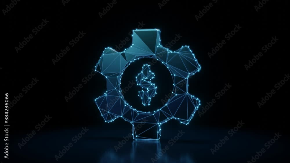 Poster 3d rendering 4k fly through wireframe neon glowing symbol of cogwheel with dollar sign with bright d