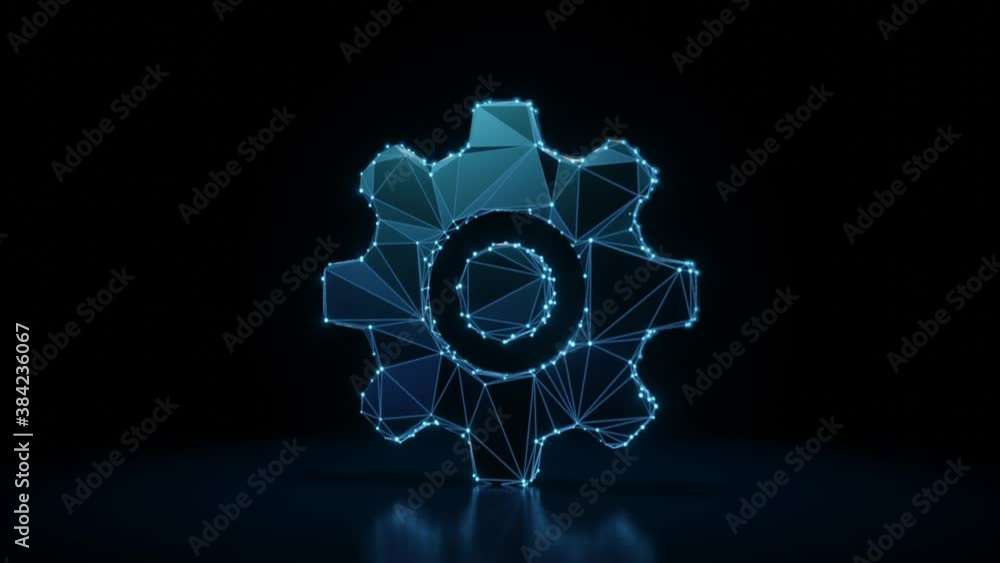 Poster 3d rendering 4k fly through wireframe neon glowing symbol of cogwheel with bright dots on dark backg