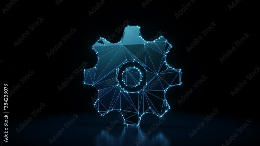 Poster 3d rendering 4k fly through wireframe neon glowing symbol of cogwheel with bright dots on dark backg